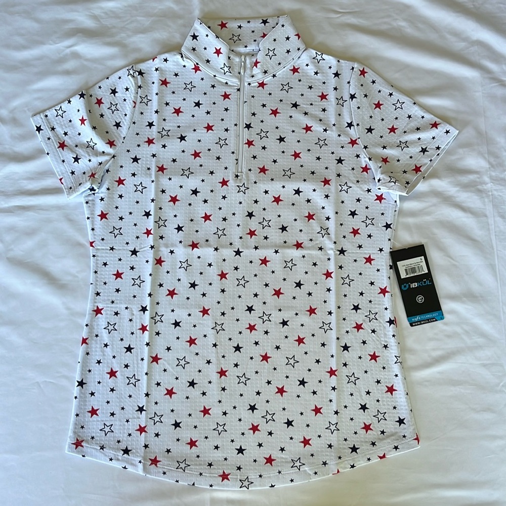 Ibkul Short Sleeve Celebration Shirt Zip Mock Neck Stars Americana NWT